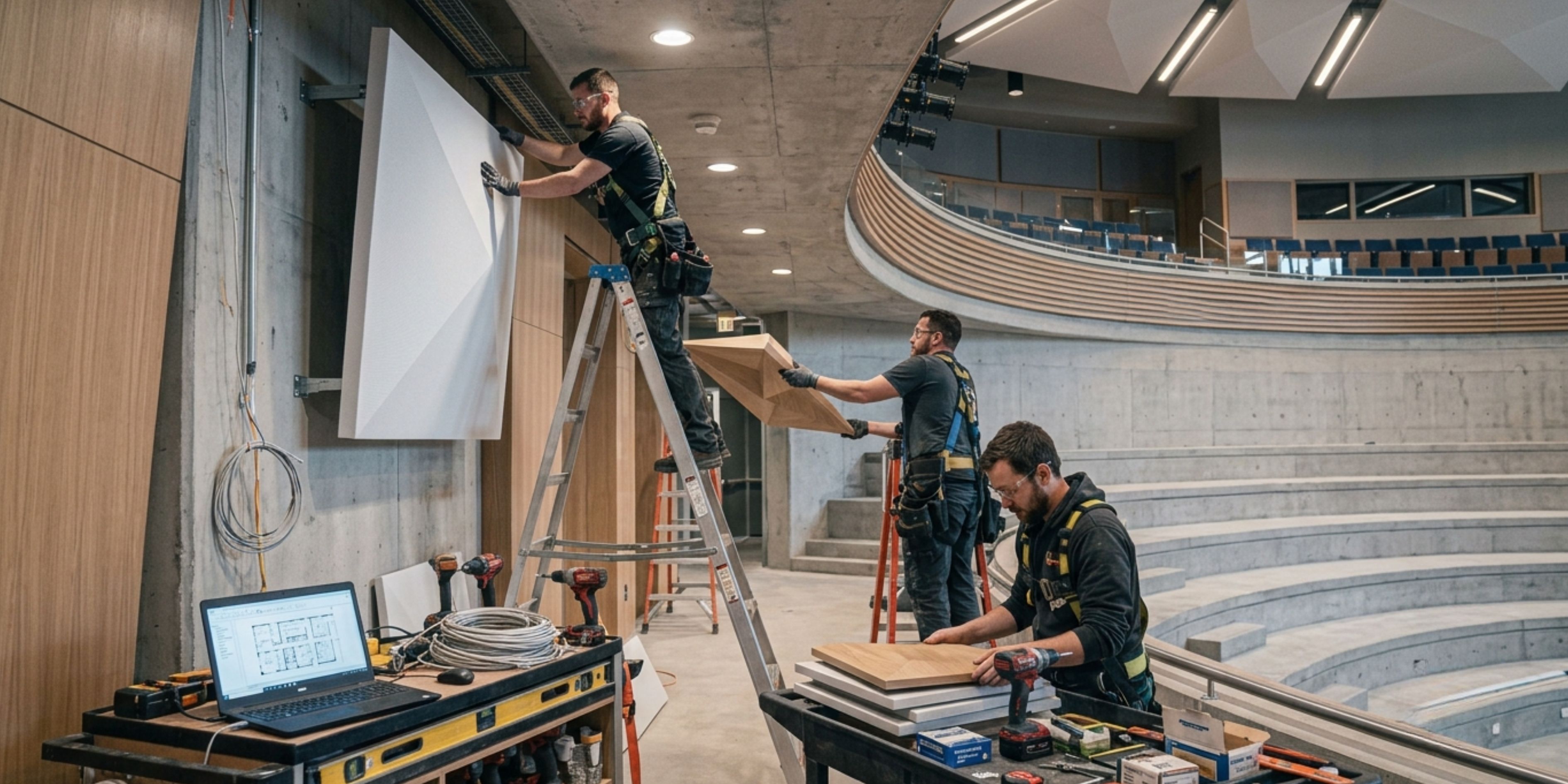 Professional installation of auditorium acoustic panels