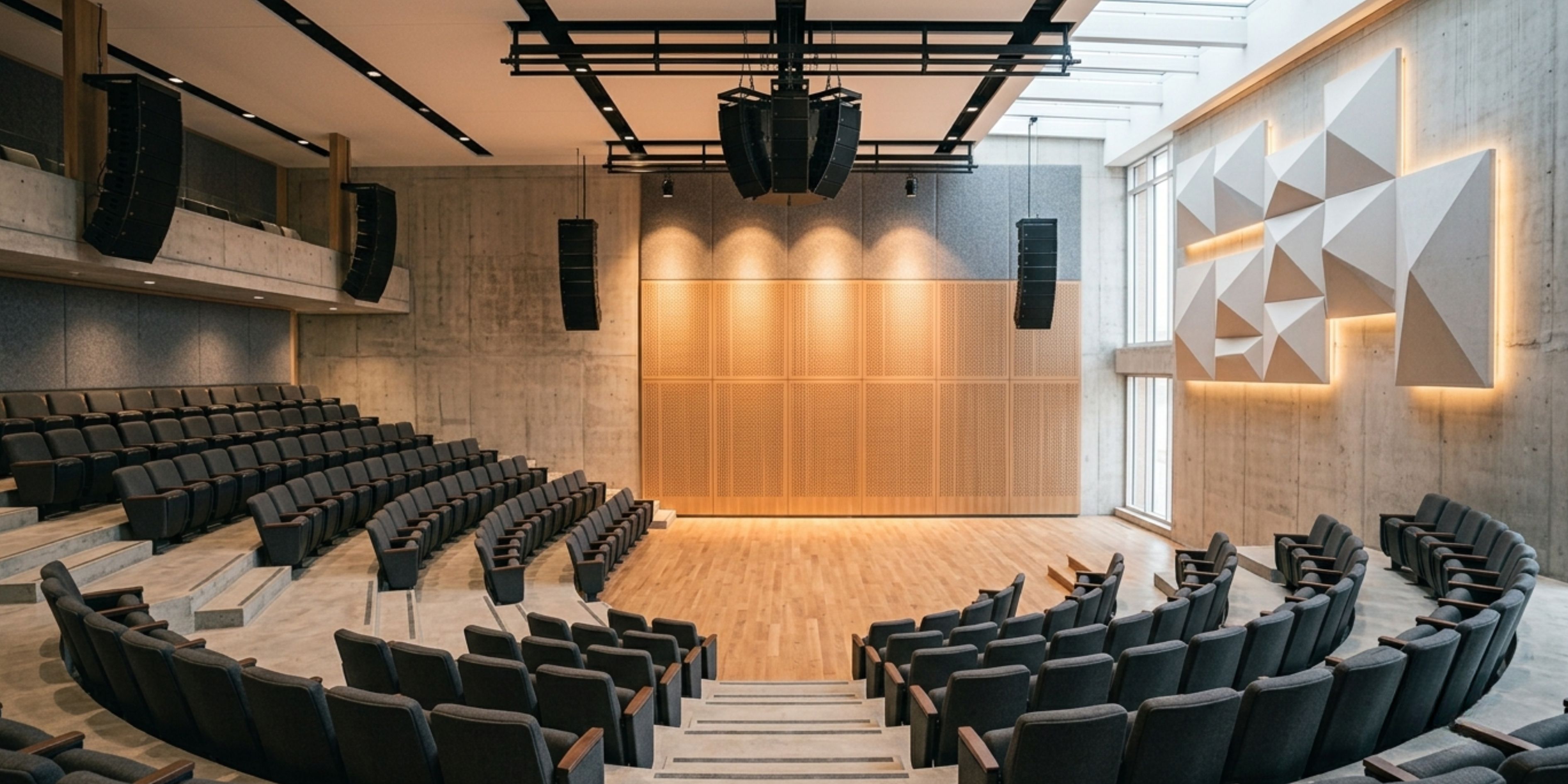 Auditorium sound system setup with ceiling-mounted speakers