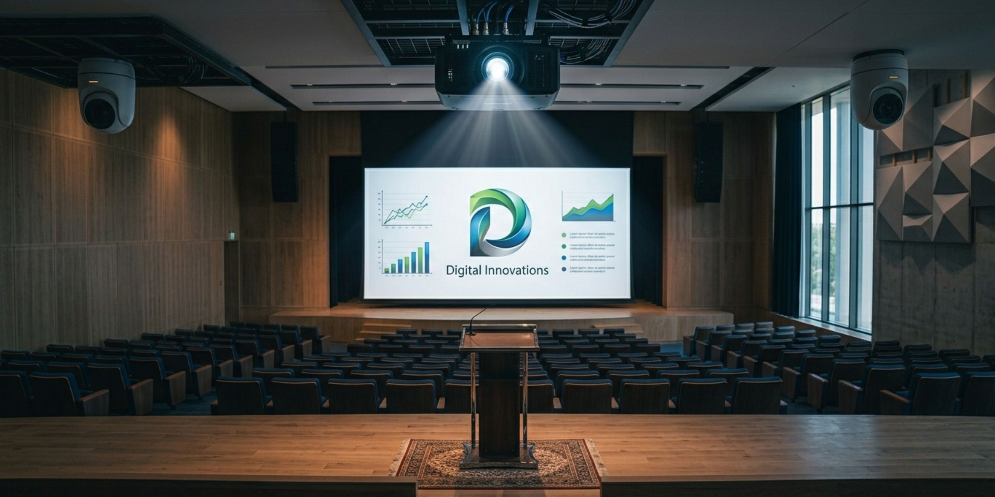 Projector and screen setup for auditorium video system