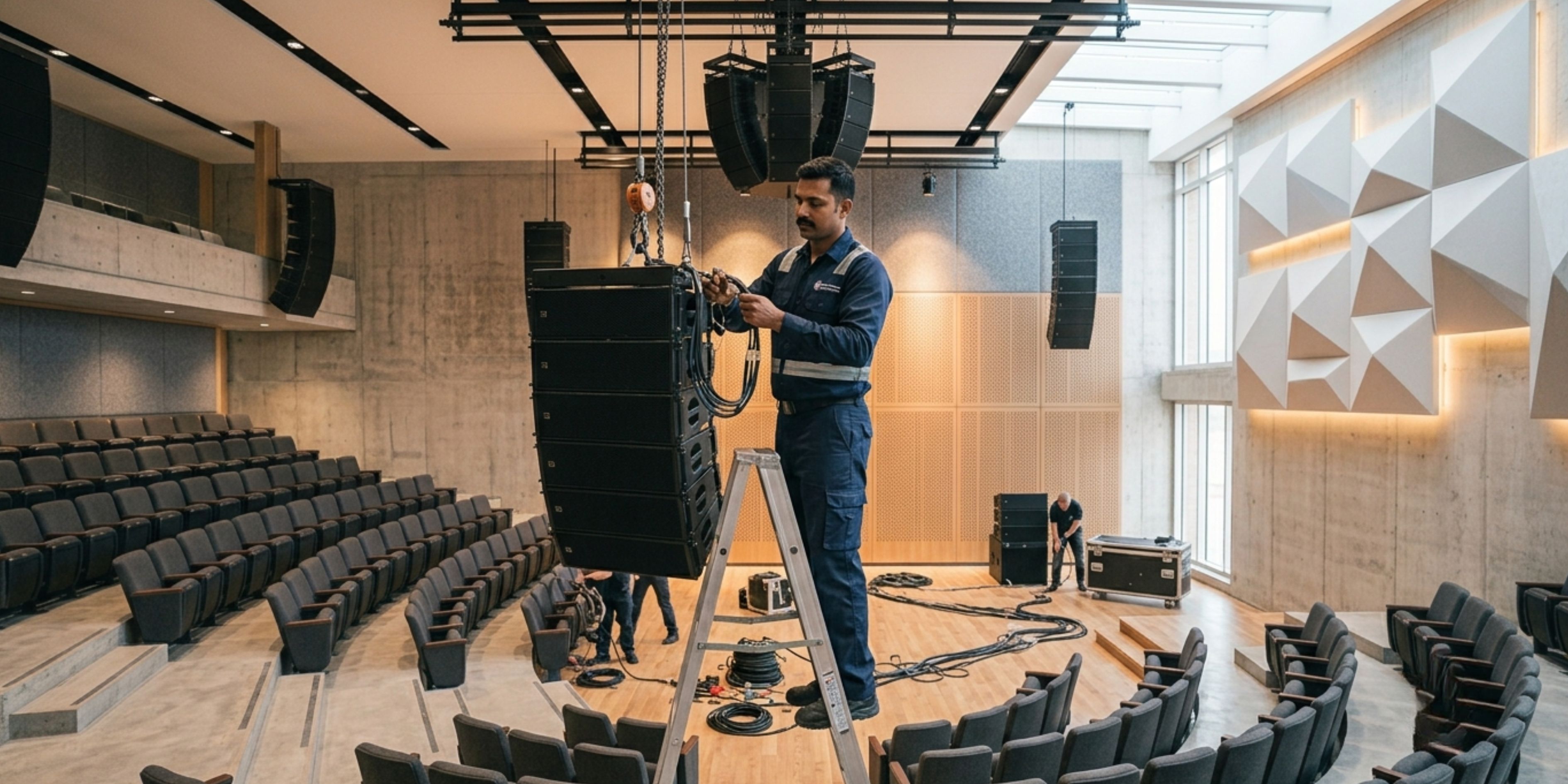 Technician installing auditorium sound system speakers