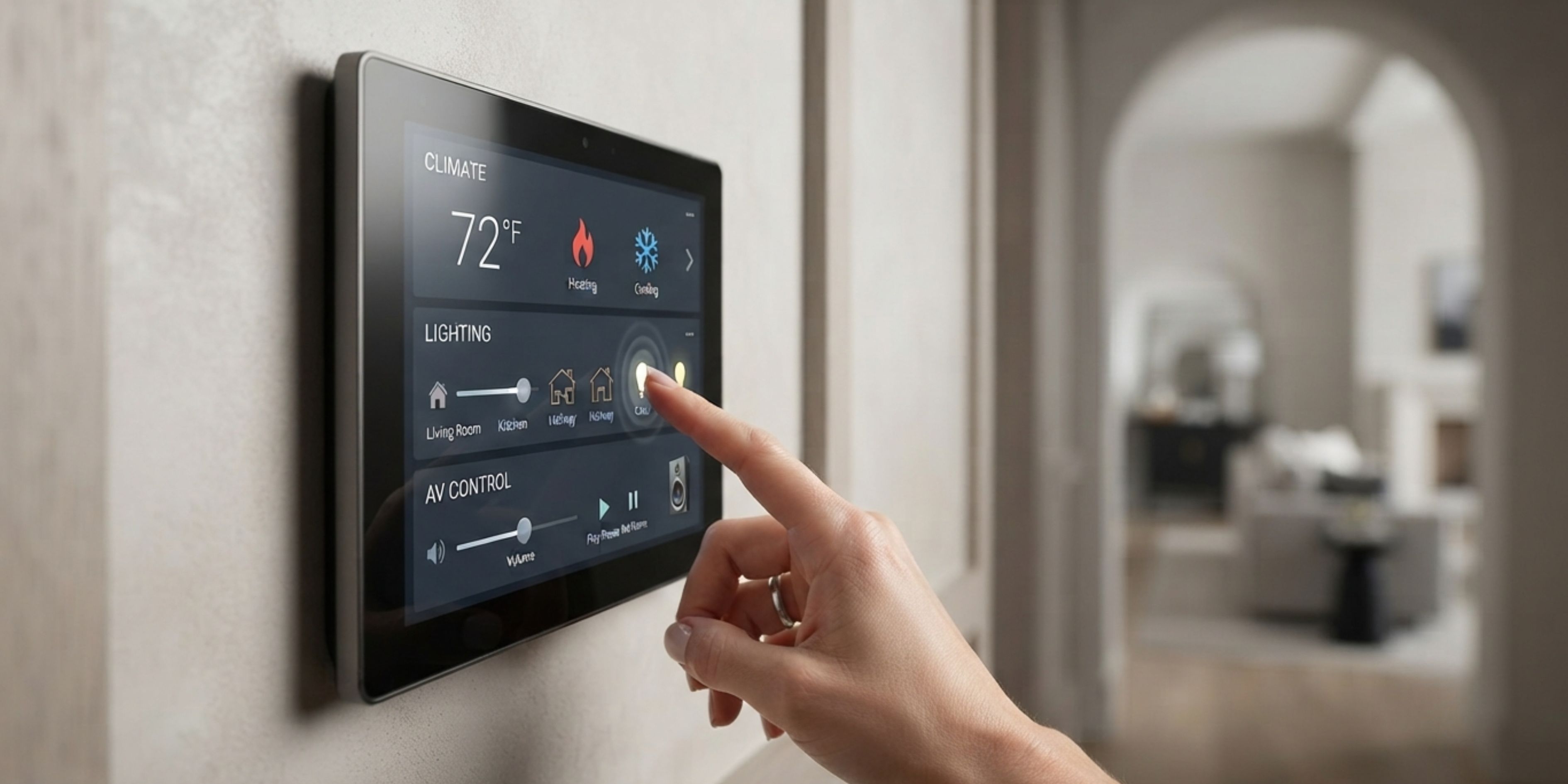 Hand operating smart automation control tablet for lighting and AV
