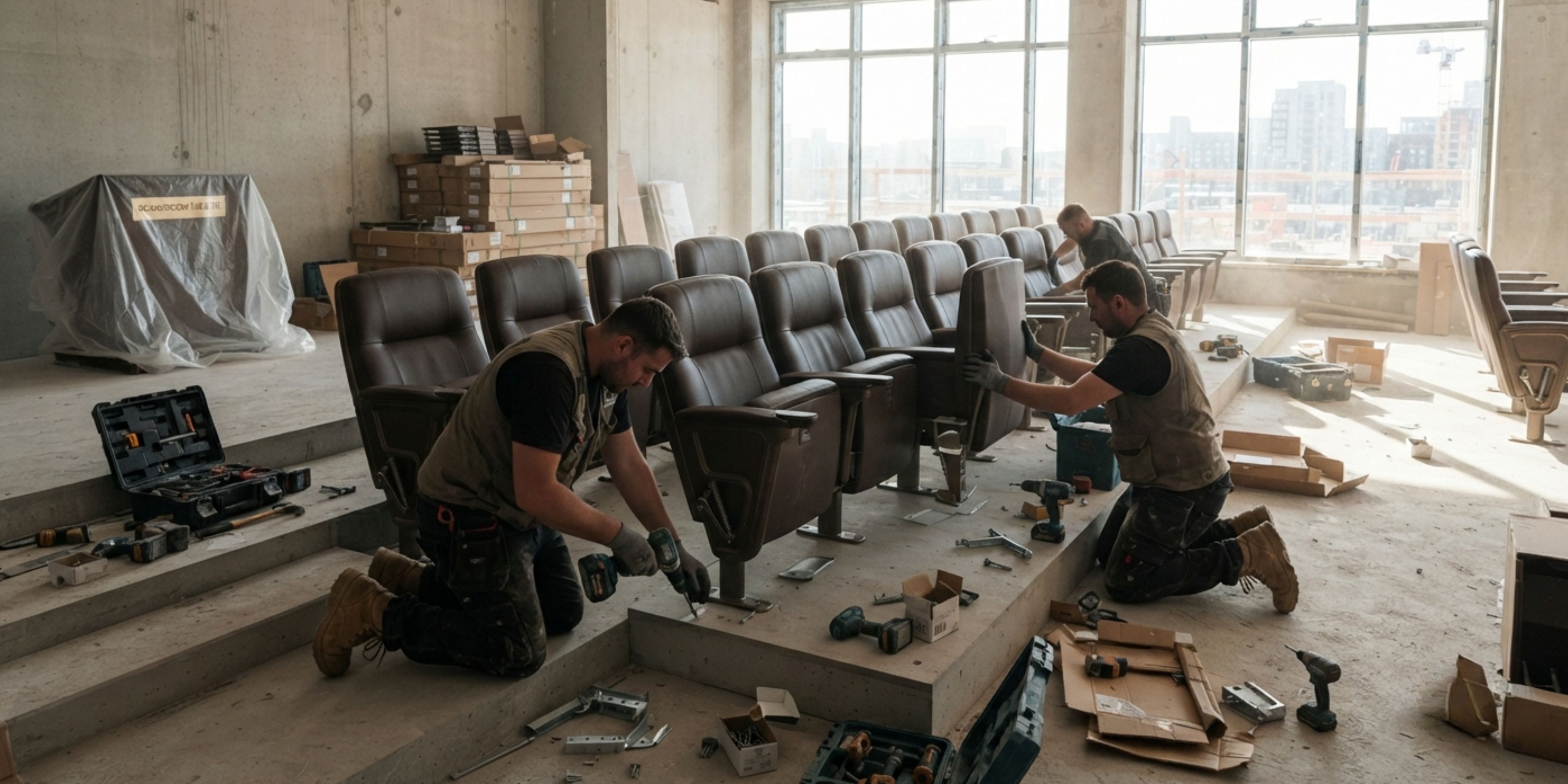Phonics Overseas team installing auditorium seating chairs on-site