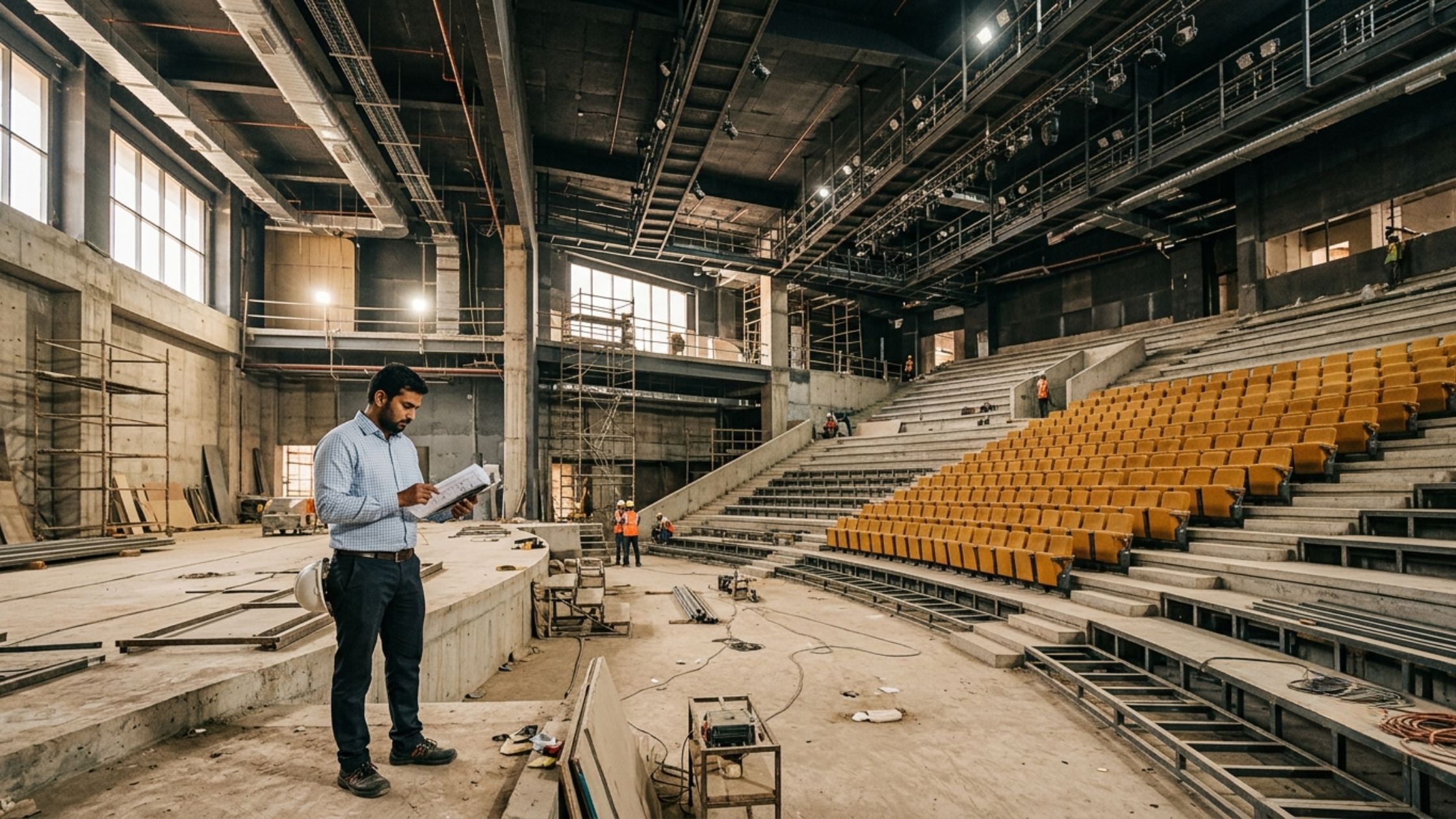 Auditorium project management team reviewing design on-site during construction