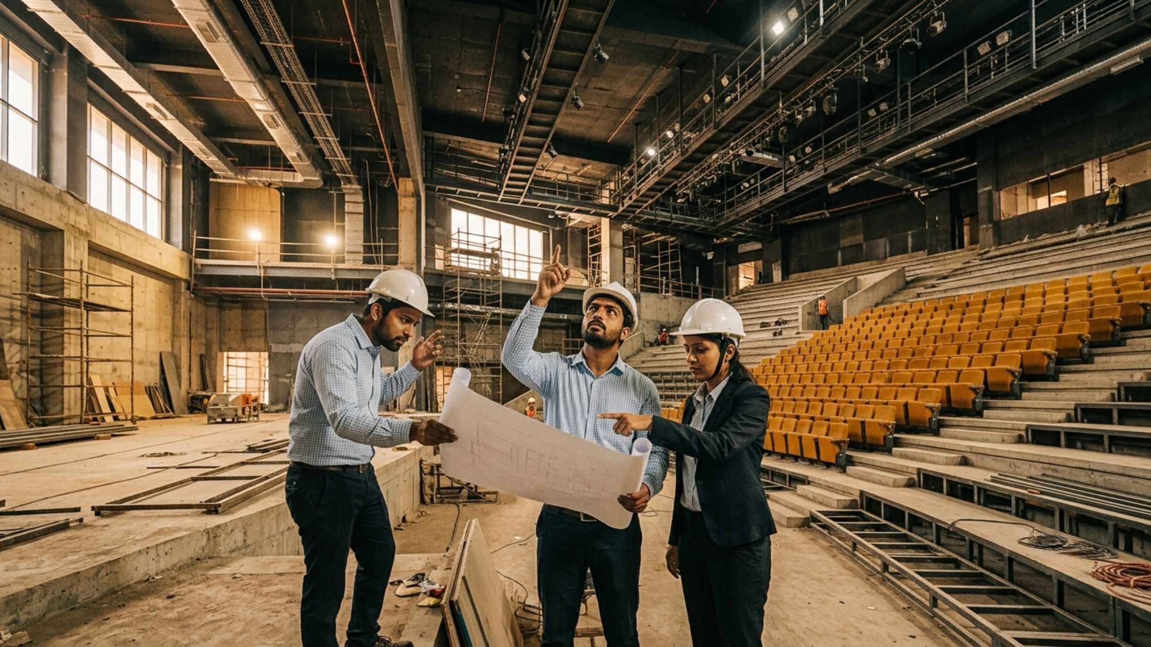 Vendor coordination meeting for auditorium lighting and AV installation