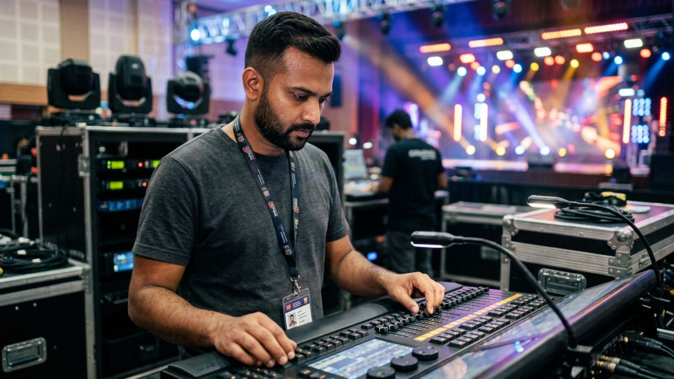 Technician operating DMX stage lighting control system