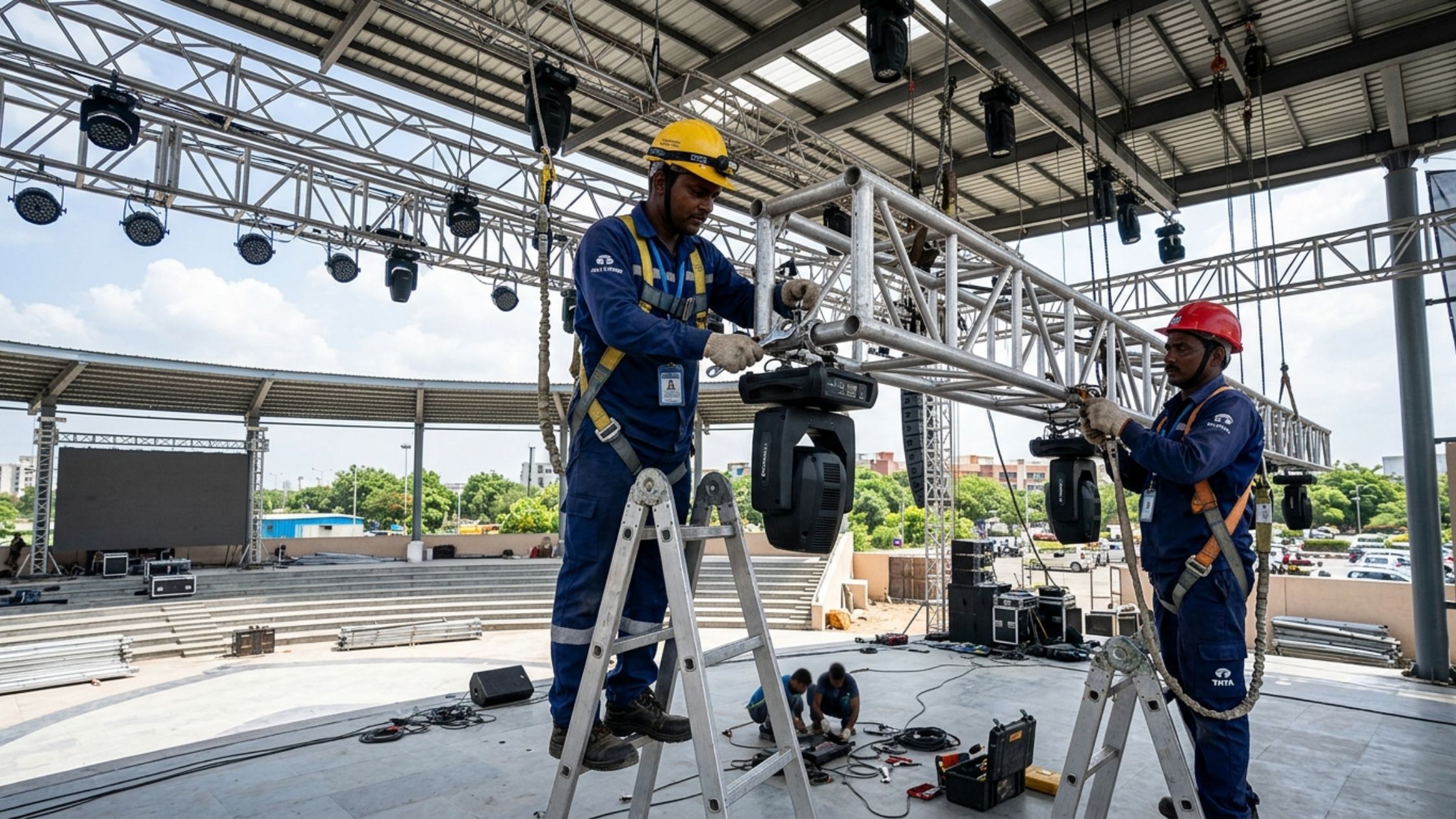 Truss rigging installation for stage lighting setup